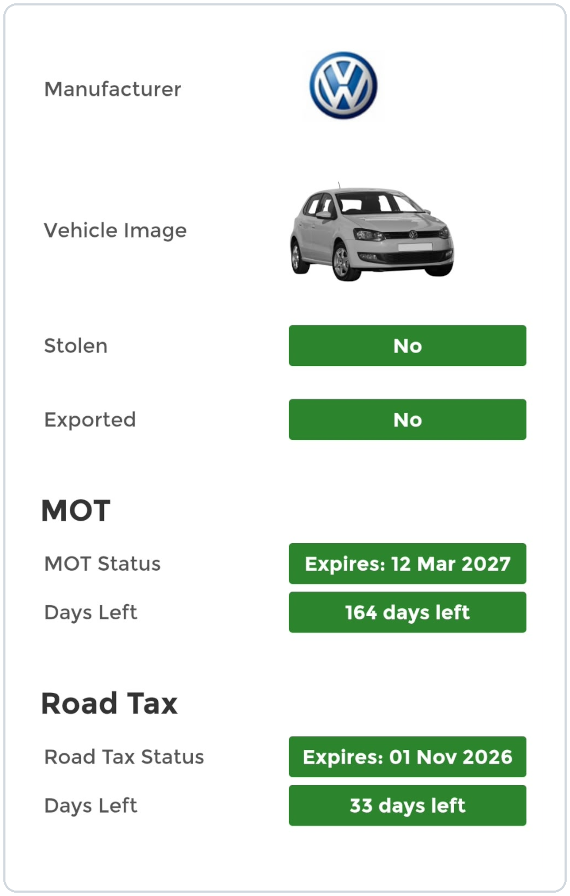 Image of the report showing MOT and Road Tax Status